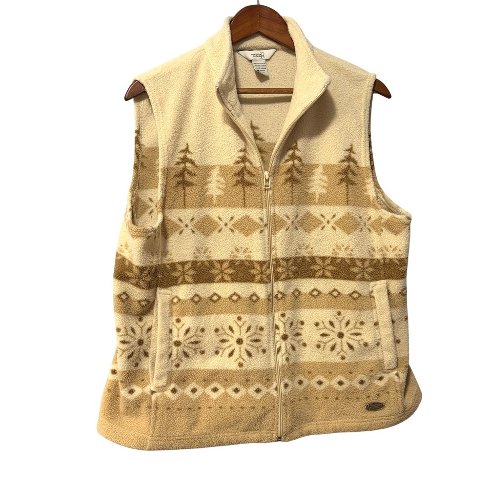 Northern Reflections Womens Fleece Vest Large Tan Fair Isle Snowflake Full Zip L